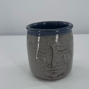 Handmade Pottery Mug Planter Face Sculpted Face Speckled Gray Home‎ Decor